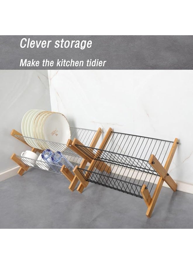 Orchid Wooden Dish Drying Rack 2 Tier, Bamboo Plate & Dish Organizer with Metal Wire Shelves, Kitchen Countertop Drying Stand, Space Saving Dish Drainer, Bamboo Kitchen Rack Dish Holder - Image 3